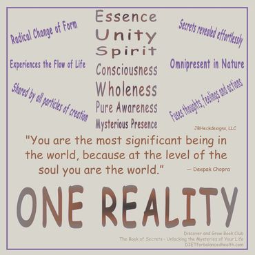 Graphic with words describing ONE REALITY and author's quote.