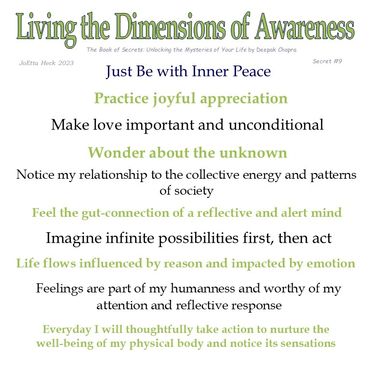 A graphic listing the actions or intentions to embrace living in all the dimensions of awareness.