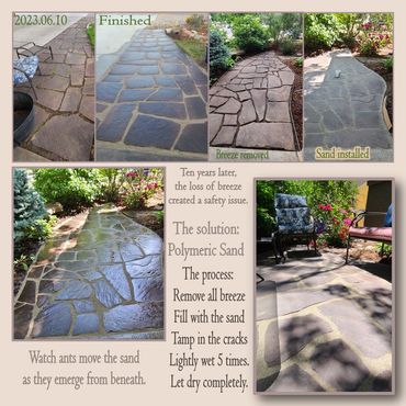 Red flagstone paths with crushed granite removed and replaced with polymeric sand for stability.