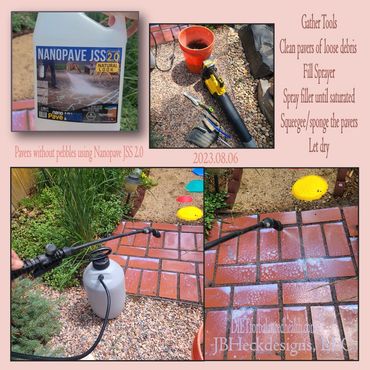 Jug of Nanopave JSS 2.0. Supplies for applying the product. Red brick pathway granite filler secured