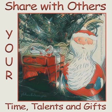 Share with others your time, talents and gifts.  Christmas tree, present and Santa with comic style