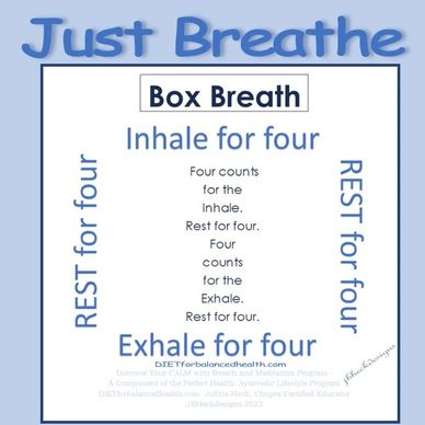 Just Breathe: infographic in blue and white describing how to do the Box Breath.