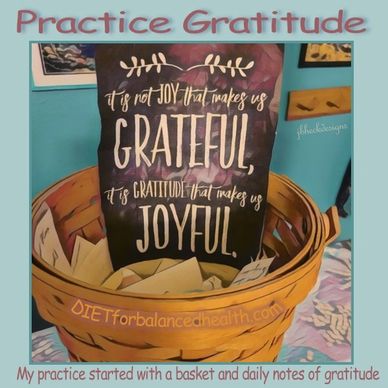Practice Gratitude Infographic.   Maple basket & sign about gratitude & joy w/ Post it notes inside
