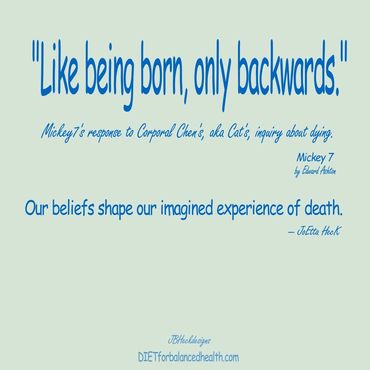 Infographic about our beliefs regarding death with quote from the book Mickey 7 by Edward Ashton.