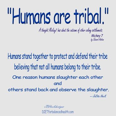 Infographic about our allegiance to our tribe, with quote from the book Mickey 7 by Edward Ashton.