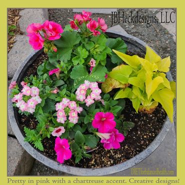 A fuchsia pink geranium anchors this planter while trailing plants is shades of pink complement it.
