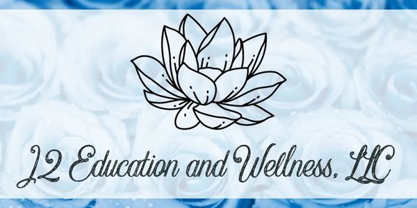 Logo of J2 Education and Wellness, LLC with a lotus flower and blue roses background.