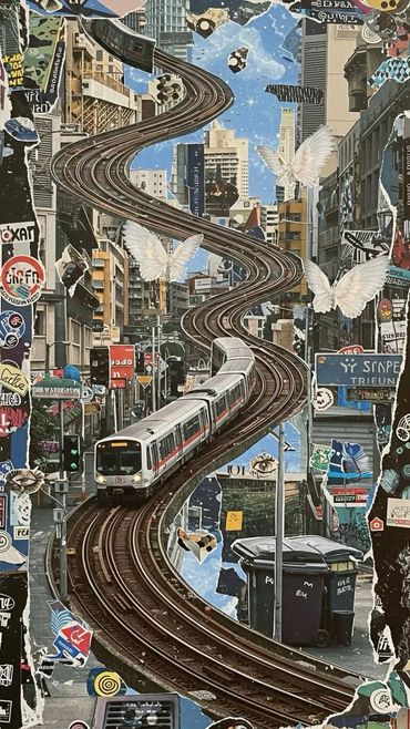 A surreal cityscape with a winding train track and white butterflies flying.