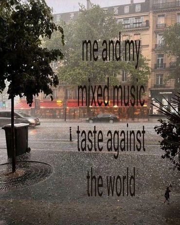 Rainy city street with text about music and identity.