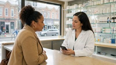 Pharmacist consulting with a female patient at the counter of a neighborhood pharmacy in Philadelphi