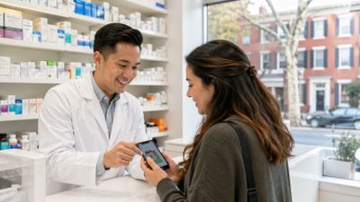 Pharmacist showing prescription transfer information to a customer at Summerdale Pharmacy in Philade