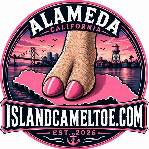 Logo for Alameda, California featuring a camel toe and island silhouette.