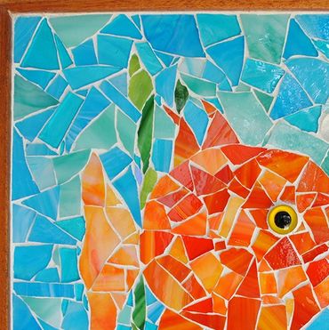 orange fish with blue background stained glass mosaic