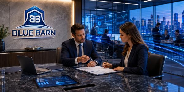 Two professionals discussing documents in a modern office.