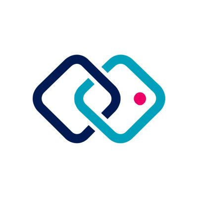 Abstract logo with navy and teal shapes, and a pink dot.