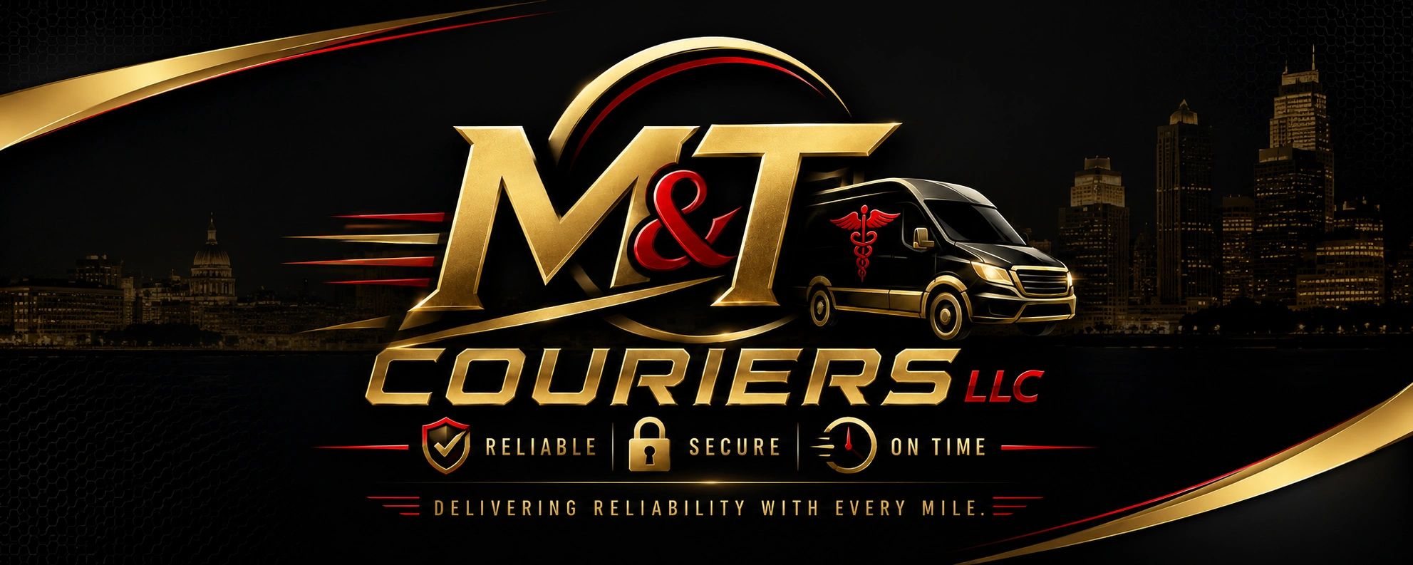 M&T Couriers LLC logo with a medical van and reliability icons on a dark city background.