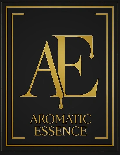 Elegant gold AE logo with dripping effect, reading Aromatic Essence on black background.
