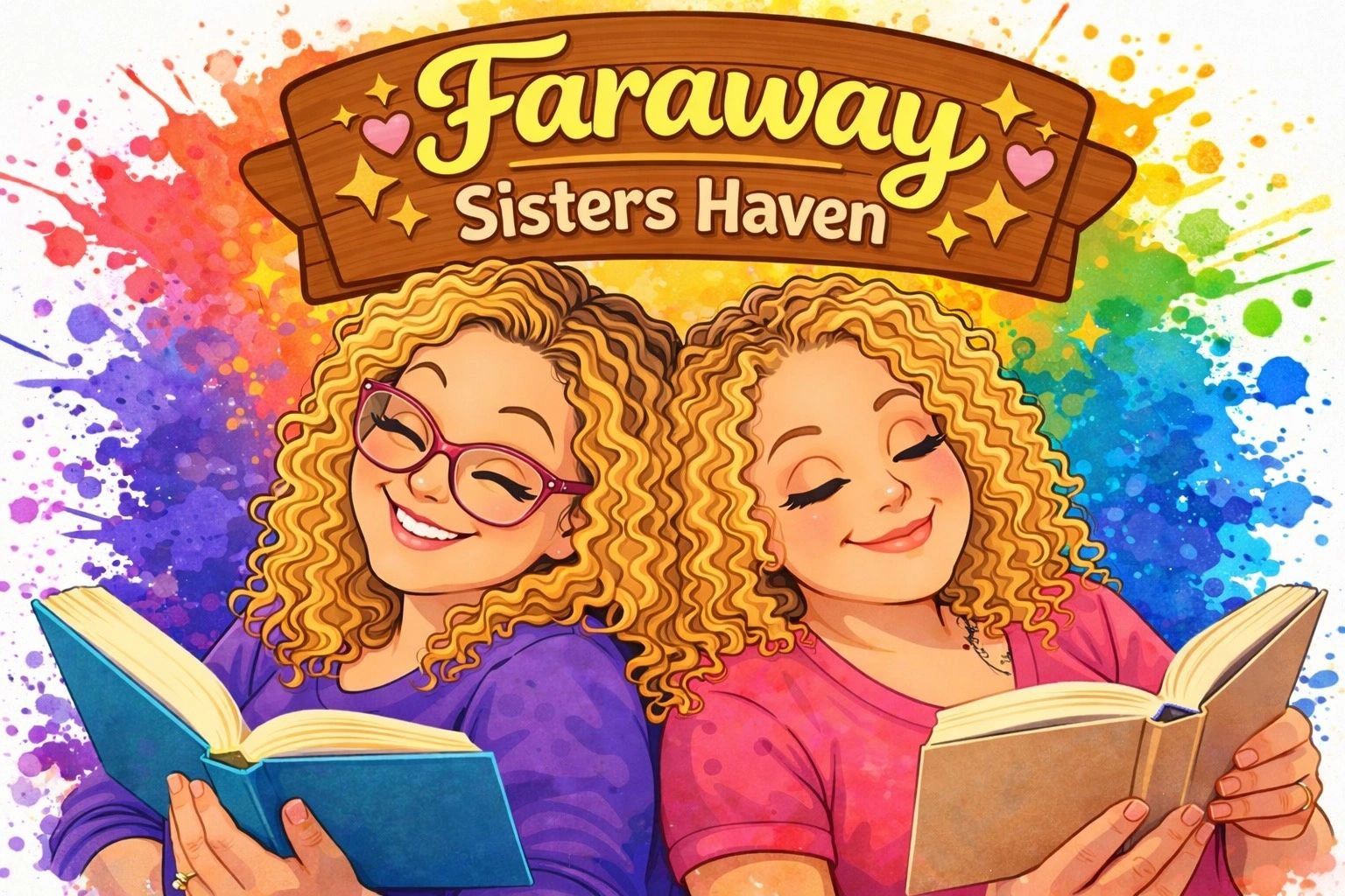 Two smiling sisters with curly hair reading books under a colorful sign.