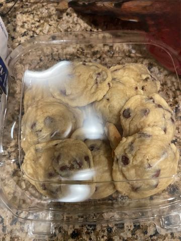 Chocolate chip cookies in a plastic container.