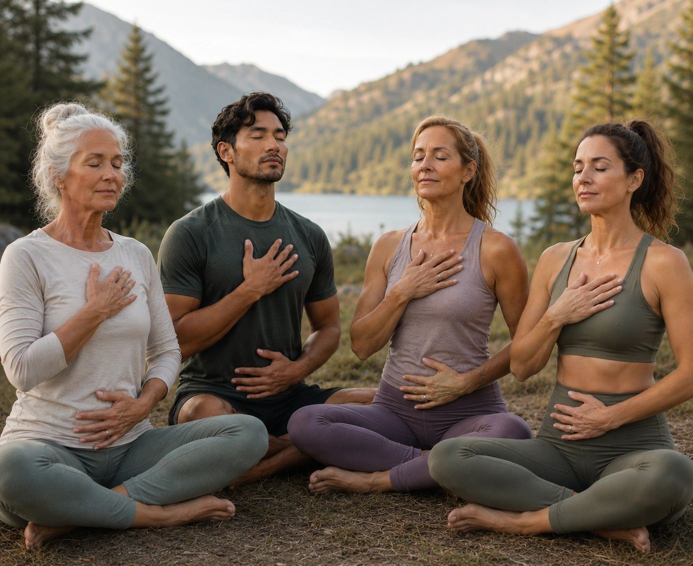 Group meditating outdoors with eyes closed.