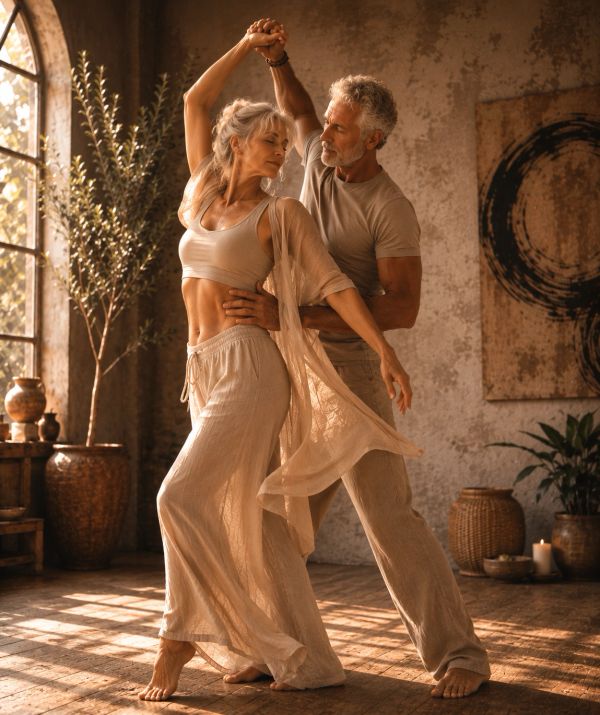 Mature couple dancing gracefully in a sunlit room.