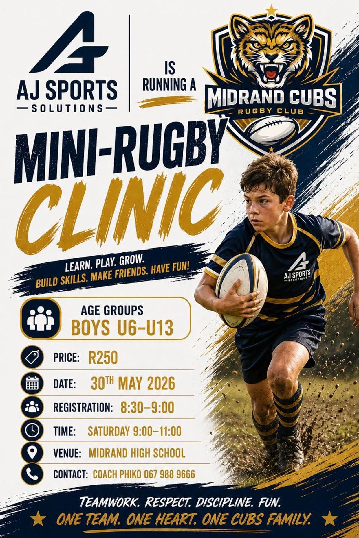 Mini-rugby clinic for boys U6-U13 by Midrand Cubs on 30th May 2026.