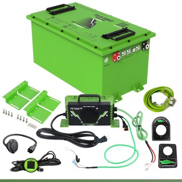 Green electric vehicle battery kit with cables and mounting accessories.