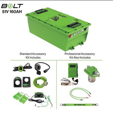 Green BOLT 51V 160AH battery with standard and professional accessory kits.
