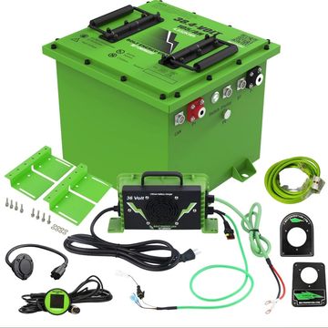 Green portable 36-volt battery kit with cables and connectors.