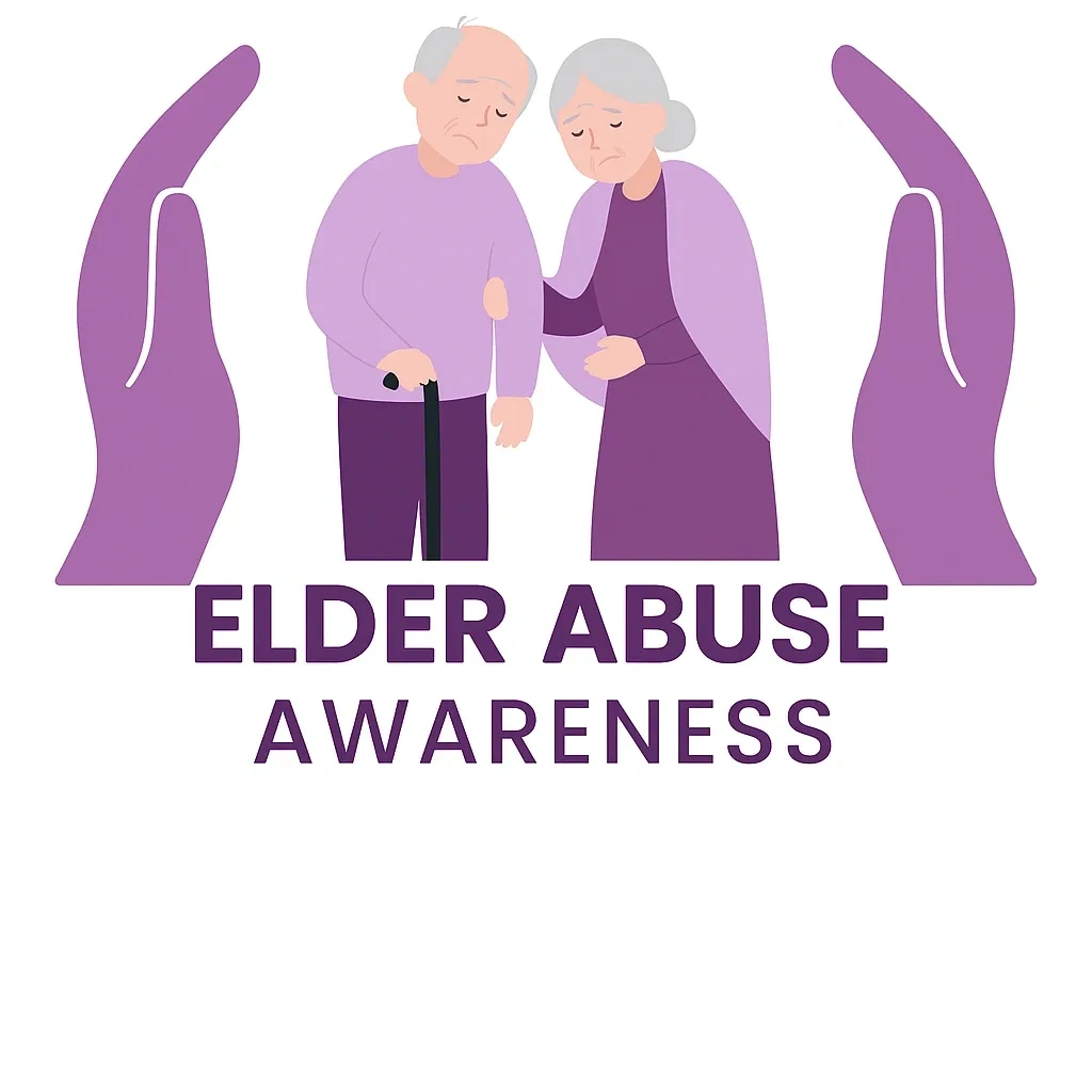 Illustration promoting elder abuse awareness with supportive hands and sad elderly figures.