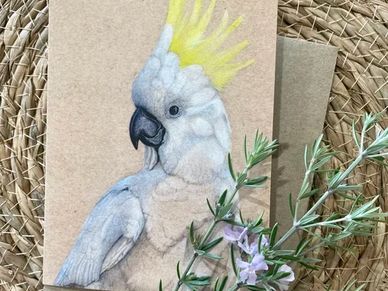 Card with a colored pencil drawing of a cockatoo.