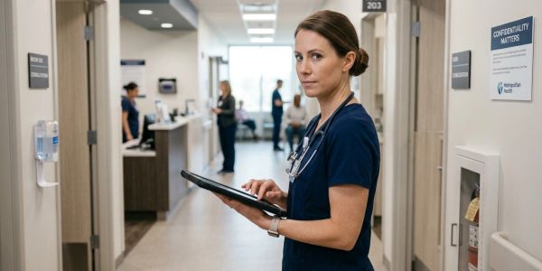 Nurse in hospital hallway holding a tablet.