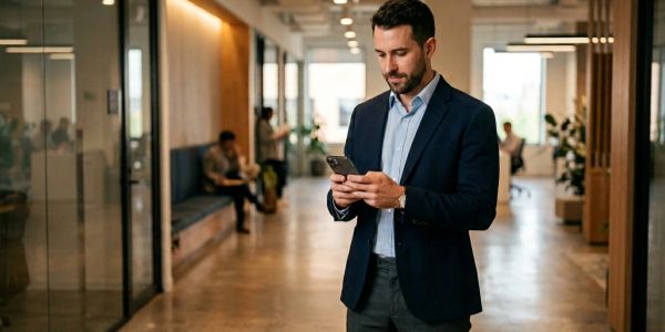 Man in business attire using phone in office corridor.