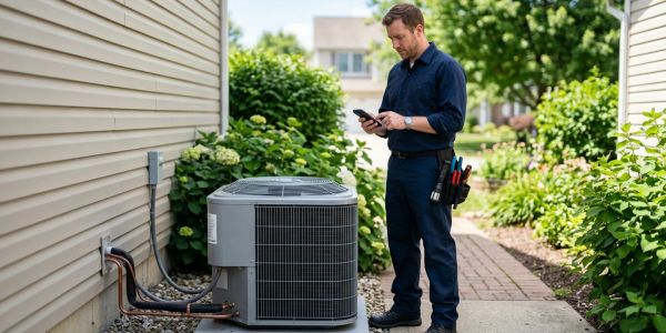 Technician inspecting outdoor air conditioning unit with smartphone.