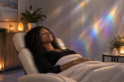 Woman relaxing with eyes closed in cozy room.