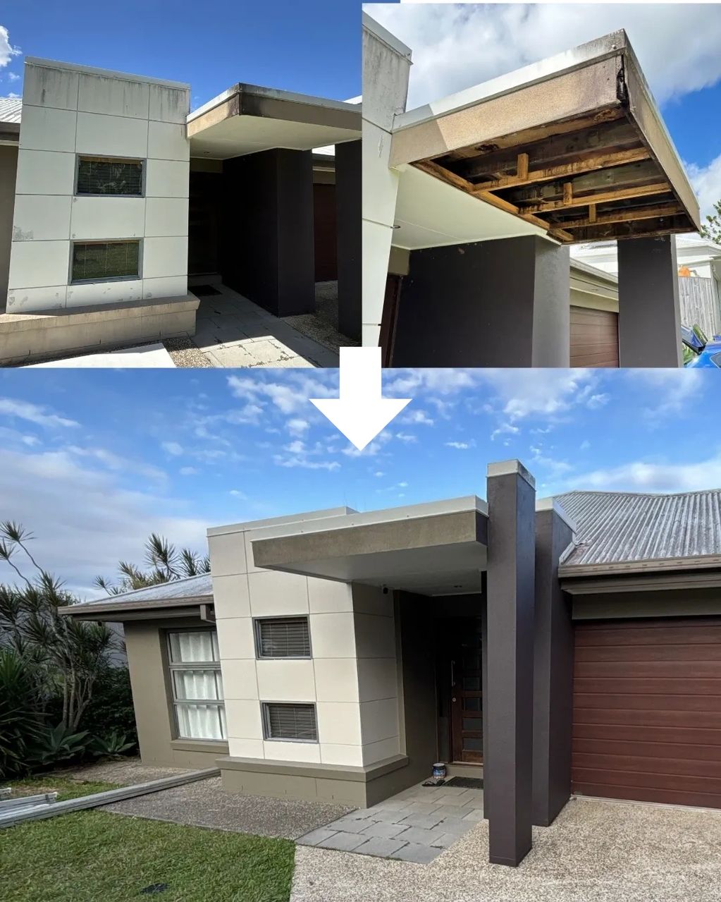 Before and after photos of a home's repaired front porch ceiling.