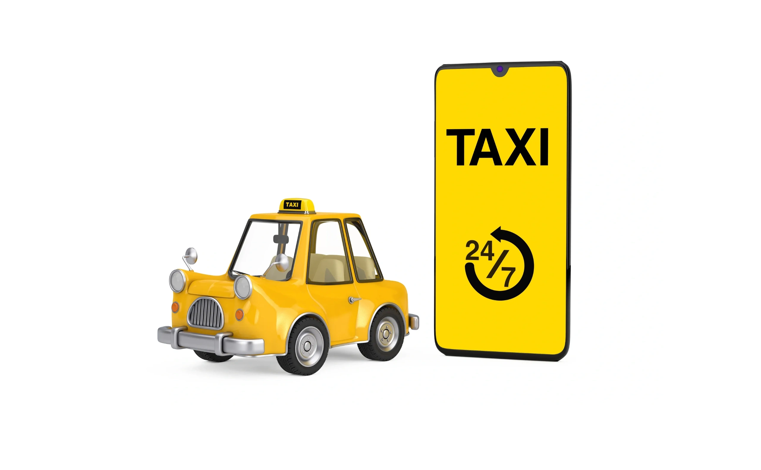 Cartoon yellow taxi next to a smartphone showing 24/7 taxi service.