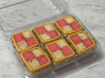 Small Battenburg cake in Petit four size servings.