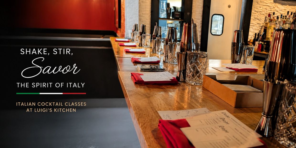 Italian cocktail classes setup at Luigi's Kitchen with menus and bar tools.