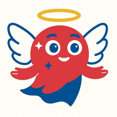 Angelic red and blue superhero with a gold halo