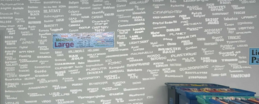 Wall displaying various font styles with labeled sizes in a workspace.