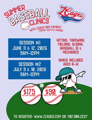 A flier showing the Summer Baseball Clinic Options at ZCages