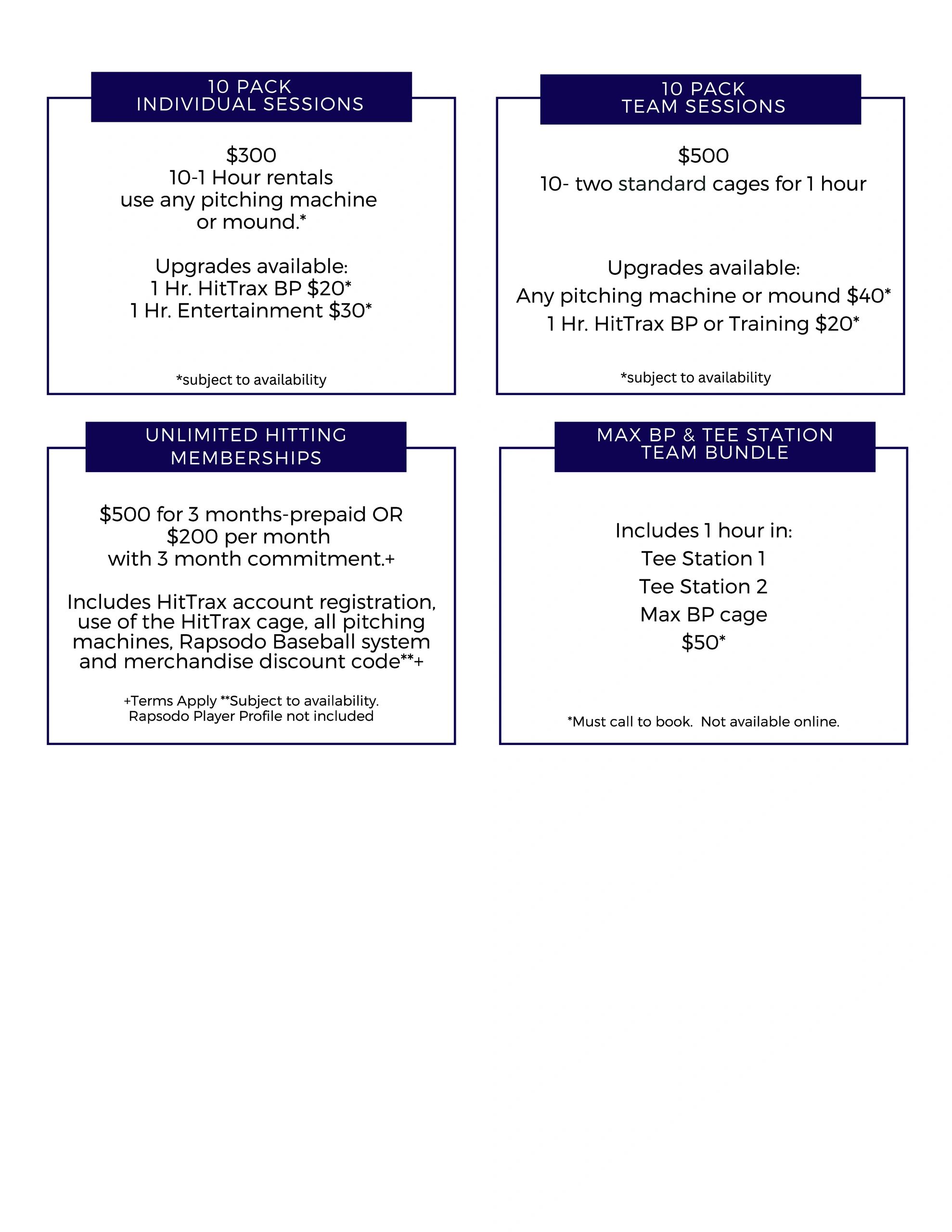 Pricing for baseball hitting and pitching sessions and memberships.