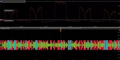Graphical data with fluctuating signal and colorful bar patterns in two panels.