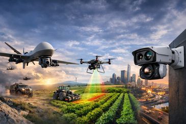Advanced drones and surveillance cameras monitor agricultural fields near an urban area.