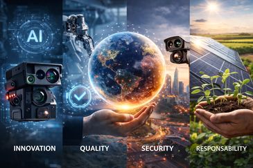 A digital collage depicting AI innovation, quality control, security, and environmental responsibility.