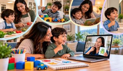 Parent assisting child perform developmental activity during telehealth speech therapy at home
