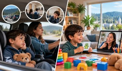 Parent and child driving in a car. Engaged in Arcata telehealth speech therapy at home