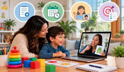 Parent and child undergoing telehealth speech therapy at home