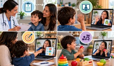Parent and child undergoing Clearlake telehealth speech therapy session